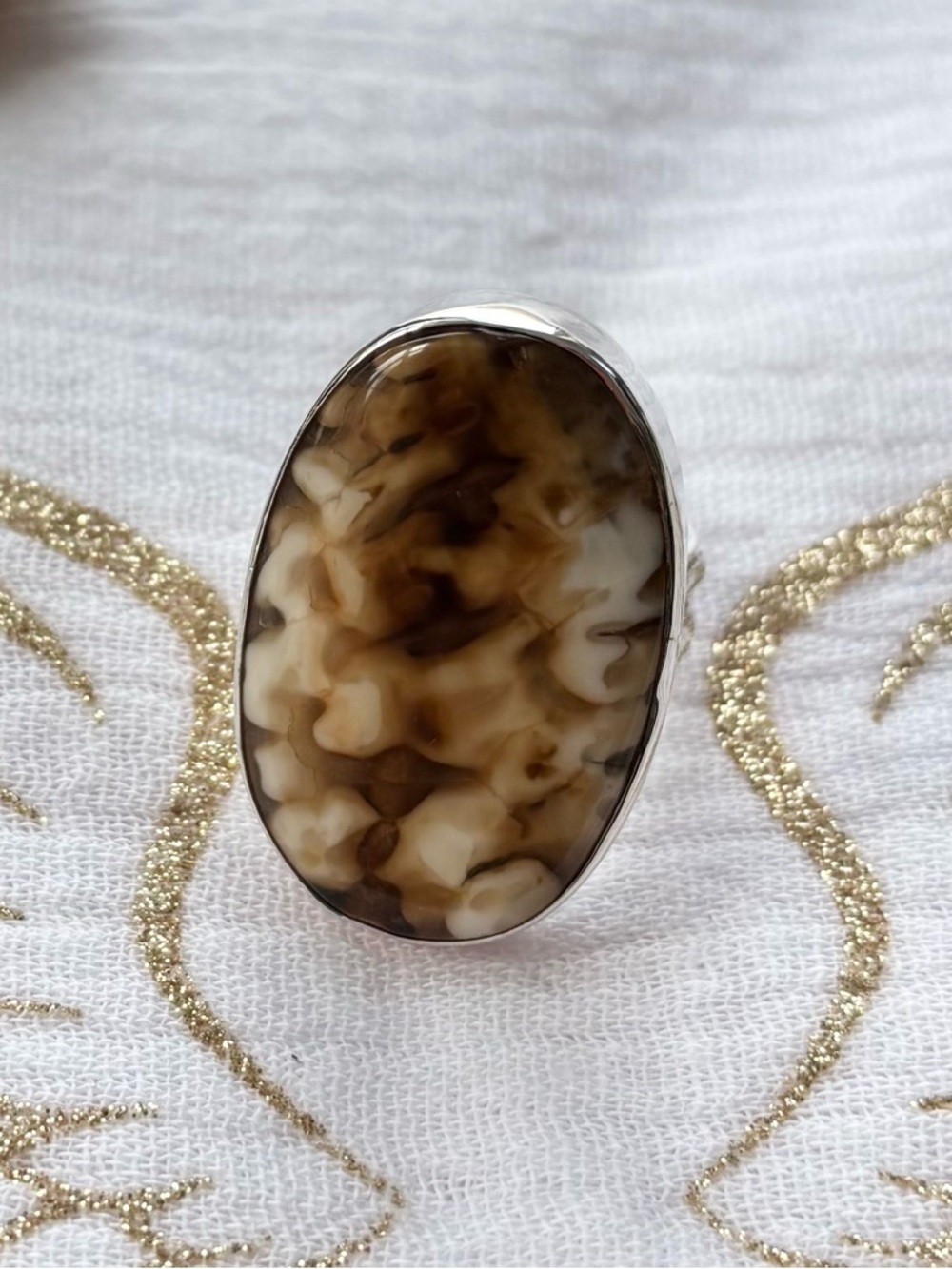 Sterling Silver Oval Fossilized Peanut Wood Statement Ring size 7.5
